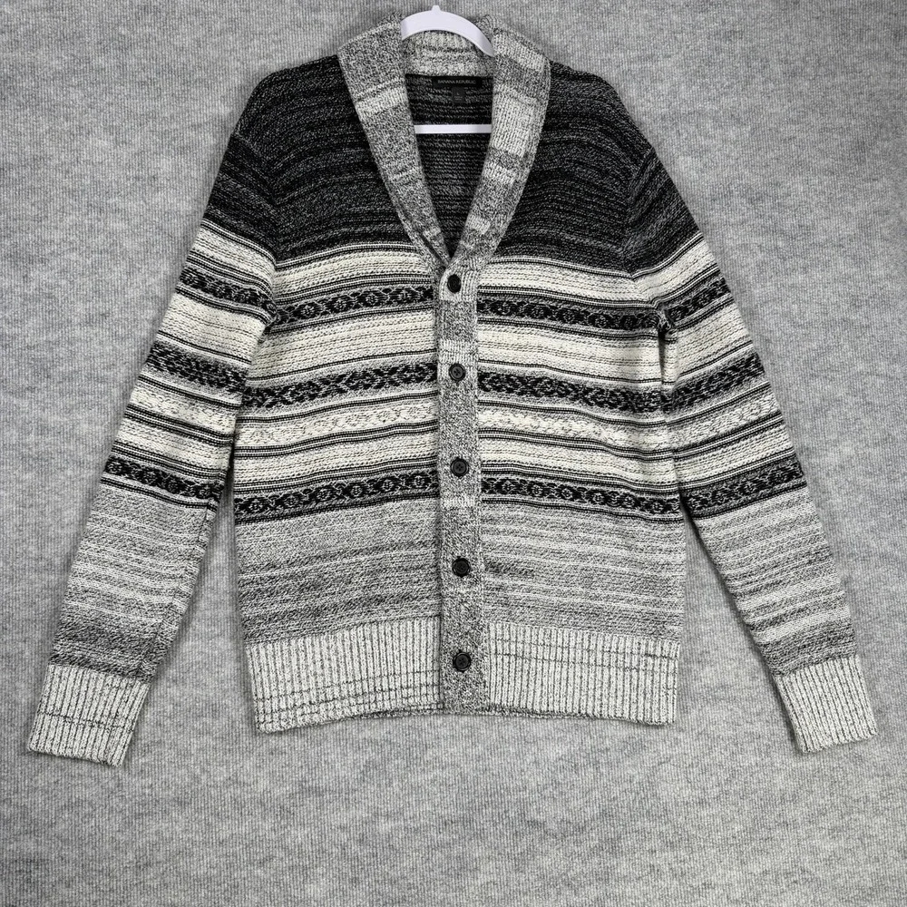 Banana Republic Size-L Mens Cardigan Collar Sweater Gray Merino Wool Tribal